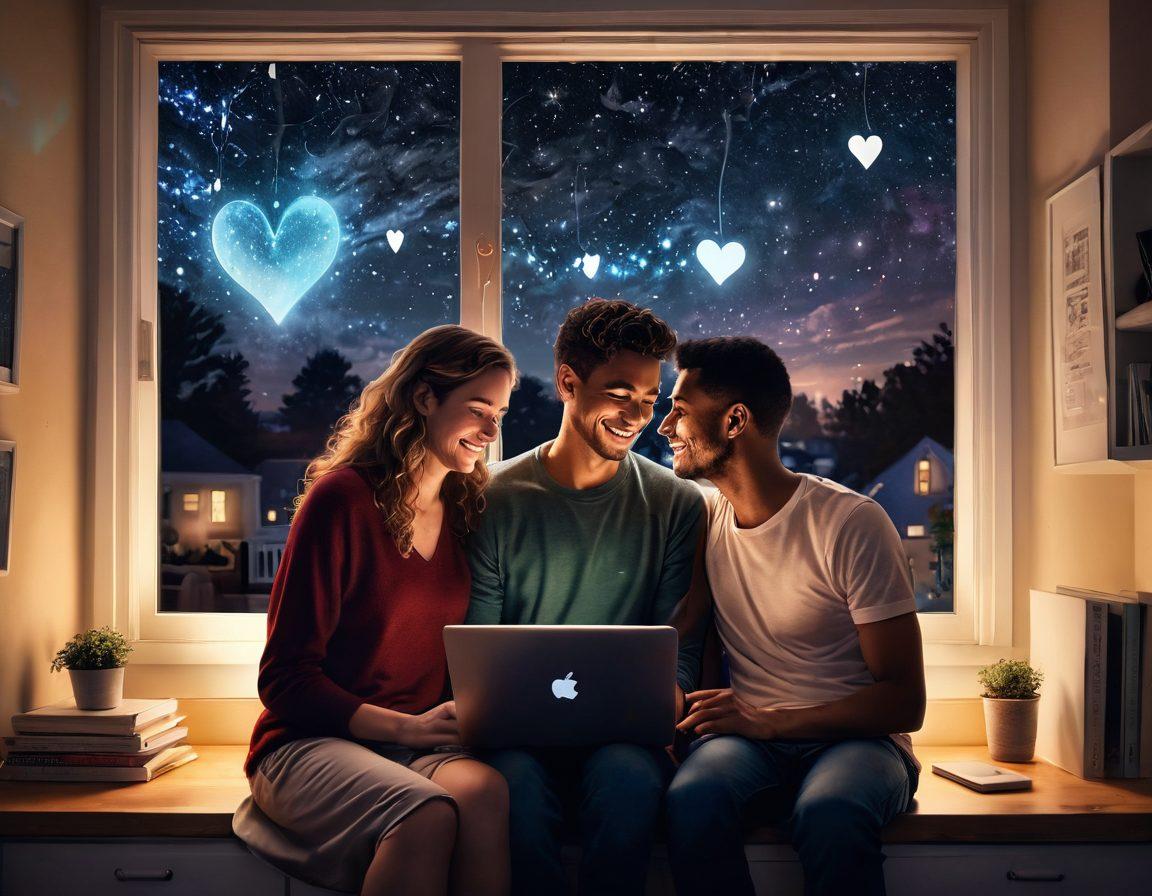 A cozy, dimly lit room where a couple is sharing a laptop, smiles on their faces while whimsical digital hearts float around them. In the background, a window shows a starry night, symbolizing romance and connection, with soft shadows emphasizing their anonymity. Incorporate abstract symbols of security like locks blending into the design to depict safety in the online realm. dreamy atmosphere. super-realistic. vibrant colors.
