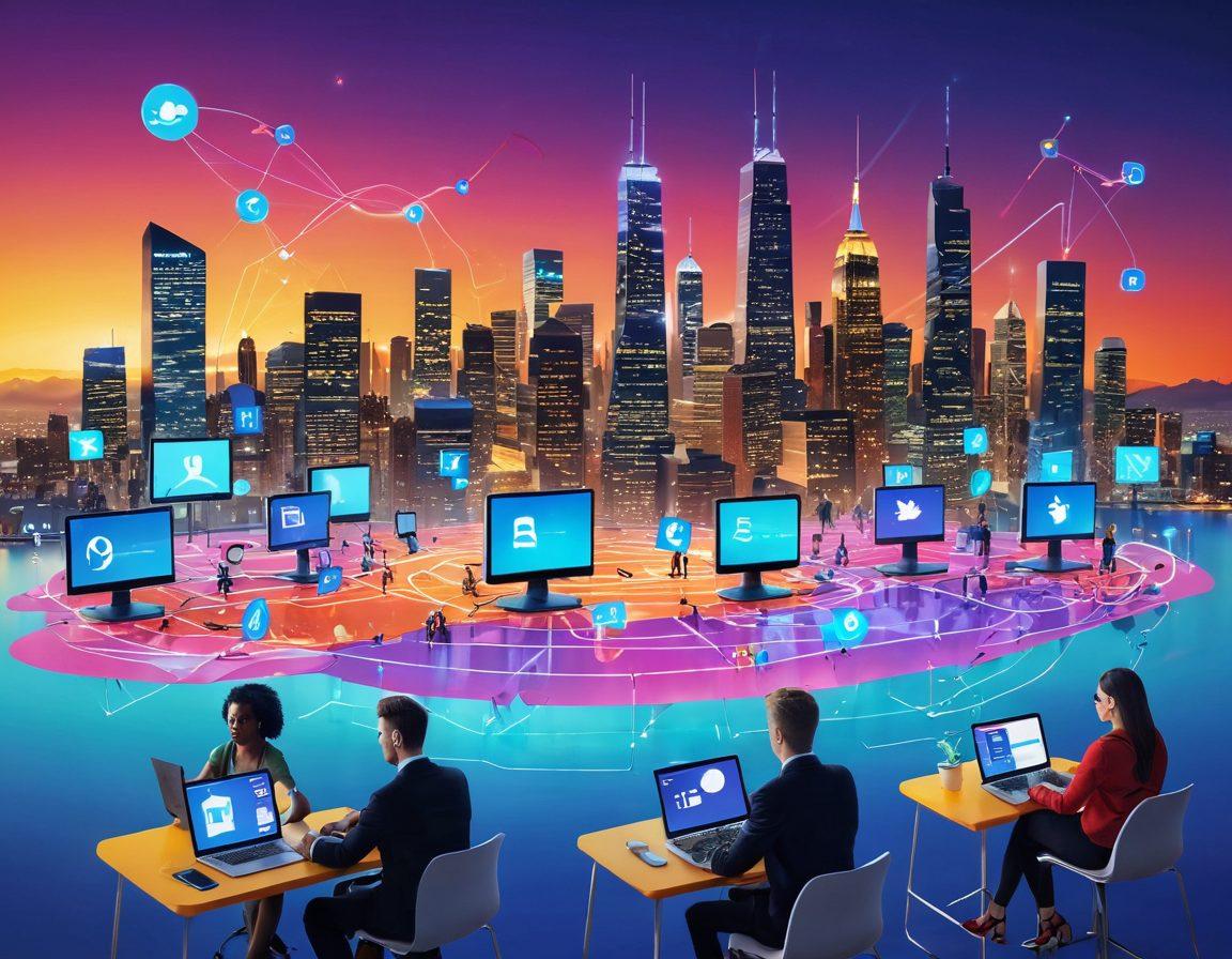 A sleek digital landscape featuring a diverse group of people happily browsing the internet on various devices, surrounded by floating proxy server icons symbolizing online freedom. In the background, a vibrant skyline of modern technology and connectivity, showcasing a world without restrictions. Bright colors and dynamic elements convey an atmosphere of innovation and empowerment. super-realistic. vibrant colors. 3D.