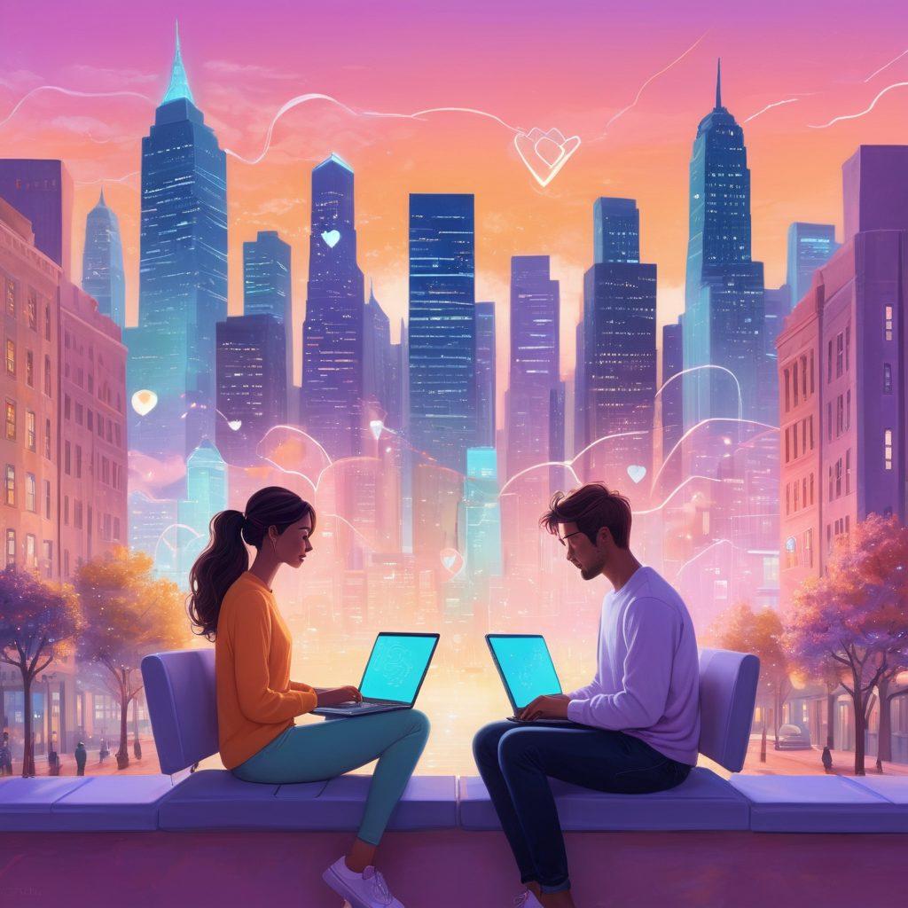 A serene digital landscape illustrating a romantic couple with laptops, surrounded by floating locks and digital shields symbolizing online privacy. Soft pastel colors create a warm atmosphere, while the background features a glowing city skyline representing the internet. The couple gazes at each other with smiles, highlighting intimacy alongside digital security. whimsical art style. vibrant colors.